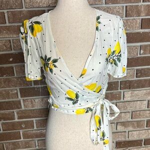 white lemon print wrap tie front top with polka dots from forever 21
